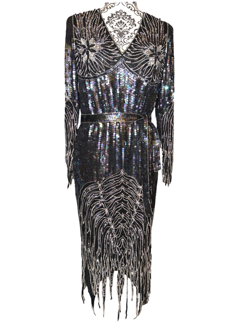 Vintage 100% Silk Iridescent Sequin Beaded Flapper Dress Beaded Fringe Hem/Cuffs